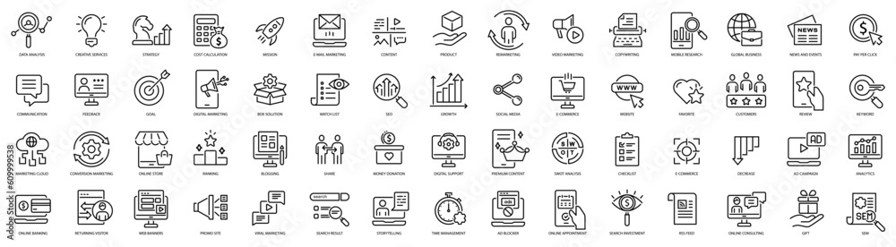Fototapeta premium Digital marketing line icons set. Marketing vector graphics. Set includes icons as promotion, announcement, management. Digital marketing line icons set.