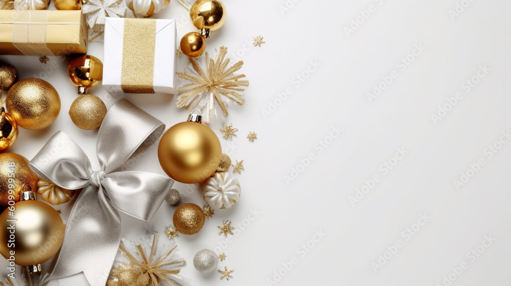 Fototapeta premium Christmas Flat Lay Background.Beautiful christmas golden shiny decorations on a white background.New Year composition.Holiday card.Top view, copy space, Created using generative AI tools.