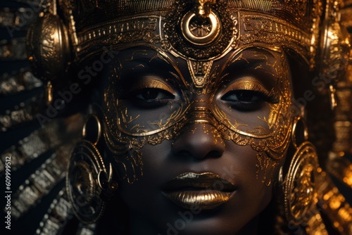 close up portrait of a beautiful african woman with golden make-up and decoration, ai generated image © whitehoune