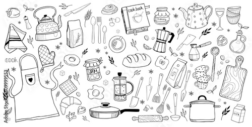 Kitchen tools doodle. Hand drawn kitchen equipments. .Vector illustration
