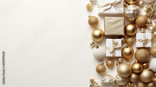 Christmas Flat Lay Background.Beautiful christmas golden shiny decorations on a white background.New Year composition.Holiday card.Top view, copy space, Created using generative AI tools.