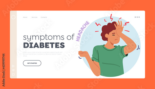 Symptom Of Diabetes Landing Page Template. Female Character with Headache, Caused By Fluctuations In Blood Sugar Levels