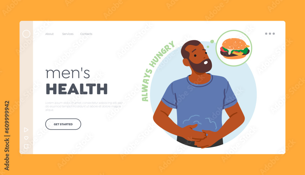 Men's Health Landing Page Template. Hunger Symptom Of Diabetes. Male Character Feel Need To Eat, Vector Illustration Men's Health Landing Page Template. Hunger Symptom Of Diabetes. Male Character Feel Need To Eat, Vector Illustration