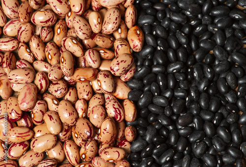 Black and red beans are a source of protein for athletes. Background, texture.