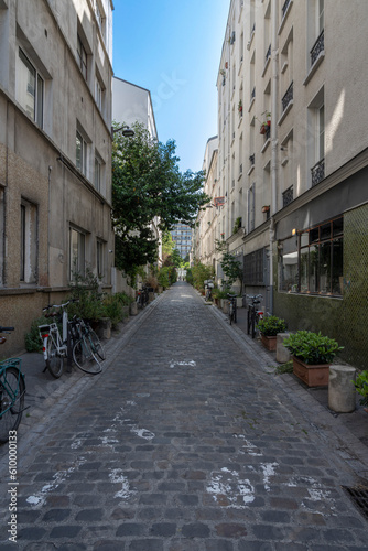 Paris, France - 06 03 2023: Panoramic view of two typical streets with residential buildings.
