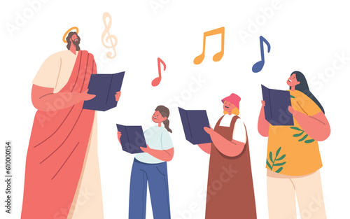 Jesus And Children Sing Chorals With Notes In Hands, Spreading Joy And Harmony. Melodies, Vector Illustration