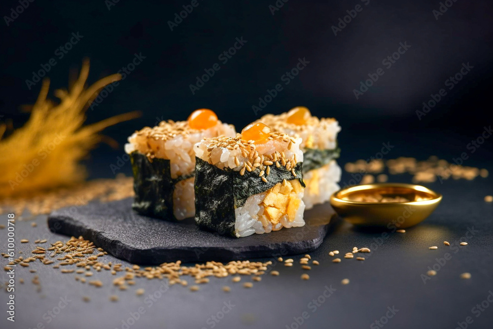 Tasty golden sushi. Super photo realistic background, generative ai Tasty golden sushi. Super photo realistic background, generative ai