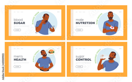 Diabetes Symptoms Landing Page Template. Disease Signs Performed with Male Character such as Always Hungry