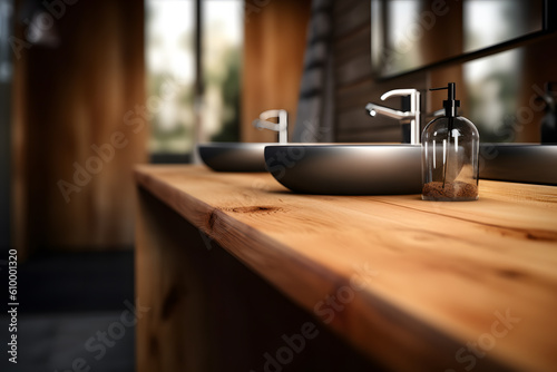 Rustic Elegance: Wooden Tabletop in a Bathroom Setting - Generative AI