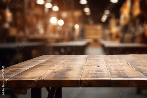 Slika na platnu Rustic Wooden Tabletop with Blurred Workshop Background - Generative AI