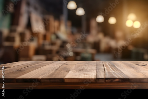 Rustic Wooden Tabletop with Blurred Workshop Background - Generative AI