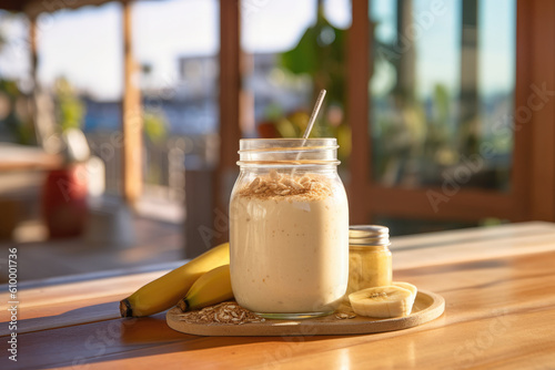 glass jar with banana and oatmeal smoothie on a wooden plate on table of sunny kitchen. blurred background, Generative AI photo