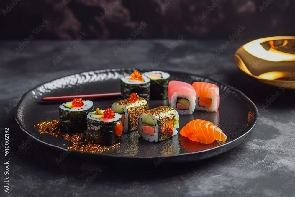 Tasty japanese sushi. Super photo realistic background, generative ai Tasty japanese sushi. Super photo realistic background, generative ai