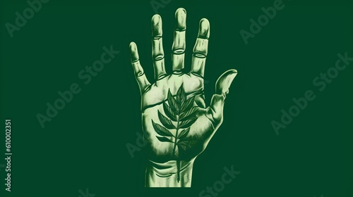 Concept of the human imprint on nature, illustration of a hand with a tree on the palm, isolated on a green background. Idea of stewardship and responsibility towards the natural world. Generative AI