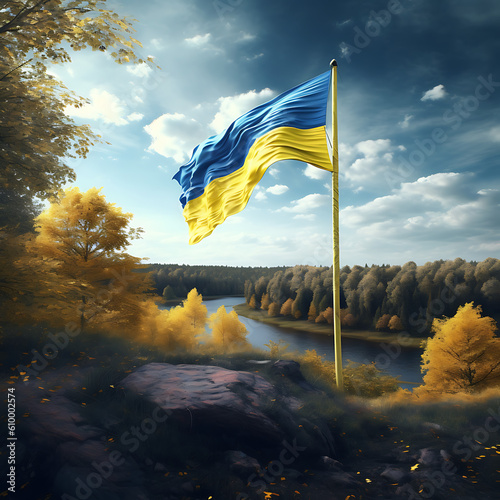 Ukranian flag with nature field background. Generated with AI