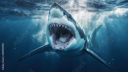  a great white shark swimming in the ocean with its mouth open, its powerful body glistening in the sunlight Its sharp teeth are visible, and its eyes are wide open