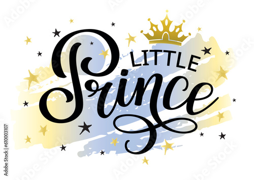 Little Prince lettering design with blue backgroung, crown and stars. Hand calligraphy text for logo or lettering on clothes.