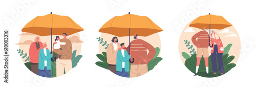 Isolated Round Icons with Family under Umbrella Protection Shields Loved Ones From Rain, Sun, Unexpected Weather Changes