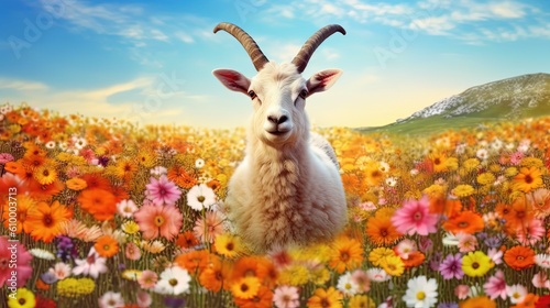 cute goat happy standing in flower field, Generative Ai