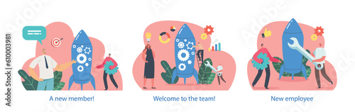 Isolated Elements with Rocket and Business Characters Meet New Team Member. Fresh Addition To The Team