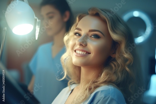 To advertise a dentist. Portrait of a beautiful girl after a dentist appointment. Dentist. Beautiful smile. Generative ai.