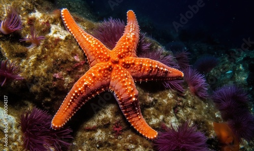  an orange starfish on a coral with purple sea anemones.  generative ai