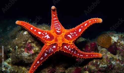  a red and white starfish on a coral in the ocean.  generative ai