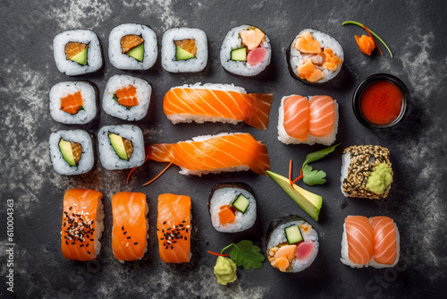 Tasty japanese sushi. Super photo realistic background, generative ai