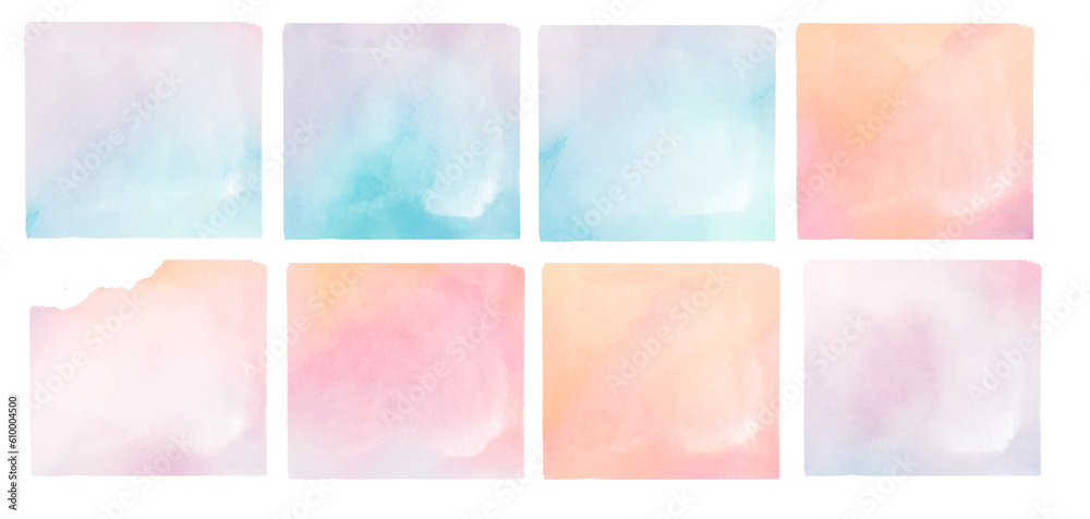 Watercolor squares and rectangulars collection in bright rainbow colors colors. Watercolor stains set isolated on white background. Design elements.