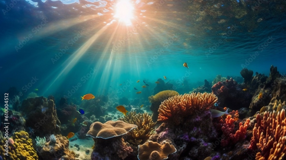 Fototapeta premium Scenic view of under water, sea bottom, with corals, sea weeds and fishes, ai generated