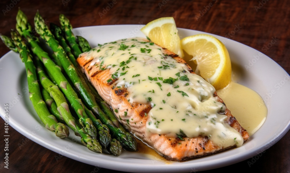 a plate of salmon and asparagus with a lemon wedge. generative ai a plate of salmon and asparagus with a lemon wedge. generative ai