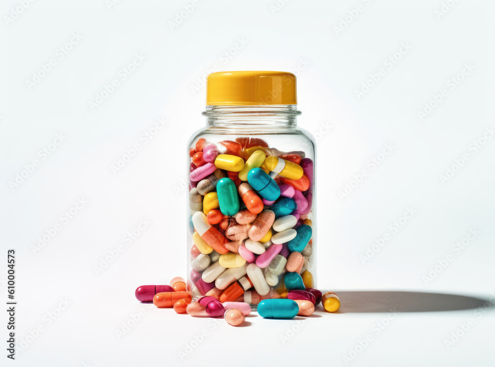 Medicine bottle spilling colorful pills on a white background Medicine bottle spilling colorful pills on a white background