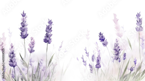 Border of tender watercolor lavender flowers border on transparent background, AI generated