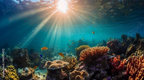 Scenic view of under water  sea bottom  with corals  sea weeds and fishes  ai generated