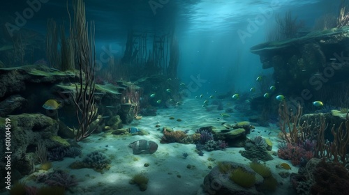 Scenic view of under water, ancient ruins on the sea bottom, with corals, sea weeds and fishes, ai generated