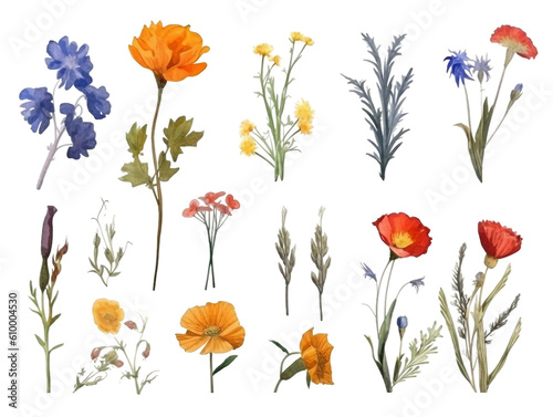 Collection of watercolor flower floral natural elements on transparent background  AI generated