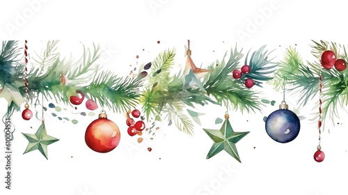 Fotografie, Obraz Watercolor christmas tree branches decorated with baubles and stars on white bac
