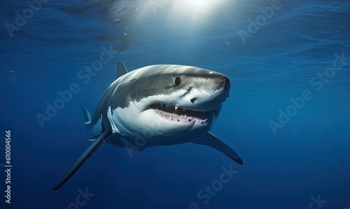  a great white shark swims in the blue water near the surface.  generative ai