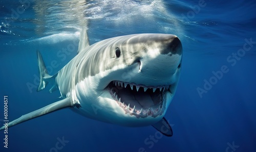  a great white shark with its mouth open in the water.  generative ai © Olga