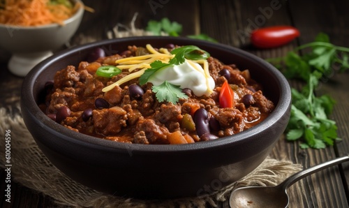  a bowl of chili with sour cream on top of it. generative ai