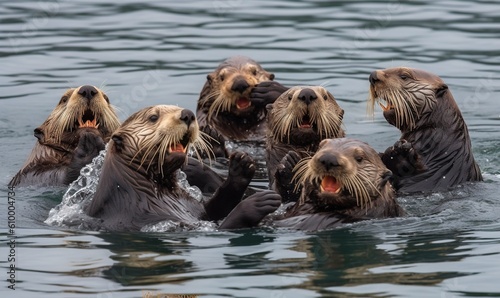  a group of sea otters swimming in the ocean together. generative ai