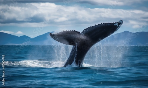  a humpback whale is jumping out of the water.  generative ai © Olga