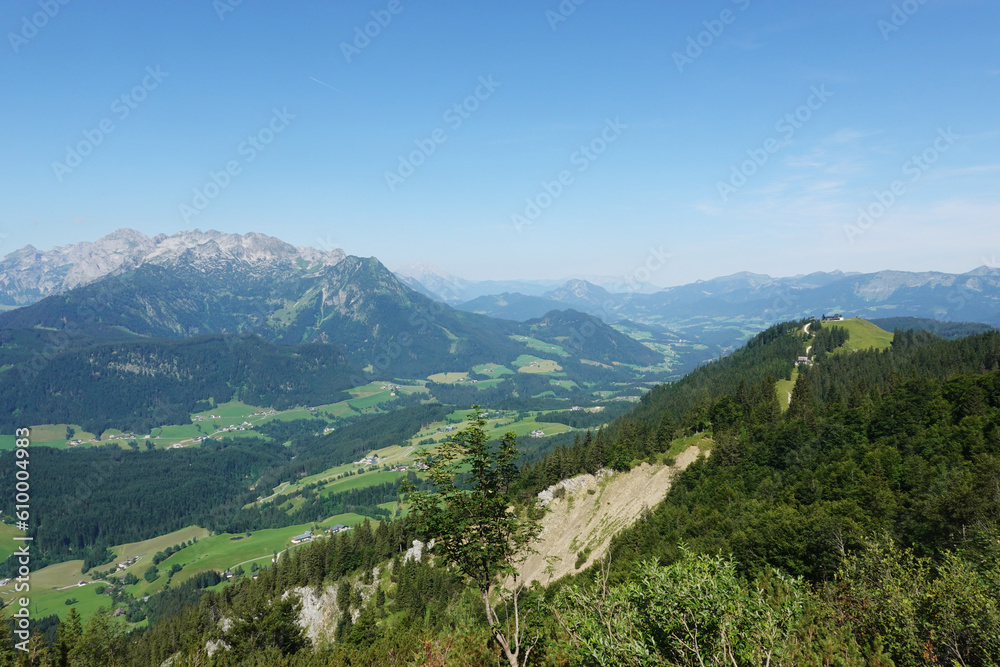 The view of Sarsteinalm from the trekking route to Hoher Sarstein mountain, Upper Austria region	