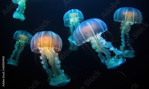  a group of jellyfish floating in the water together on a black background with a yellow light in the middle of the jellyfish's head.  generative ai