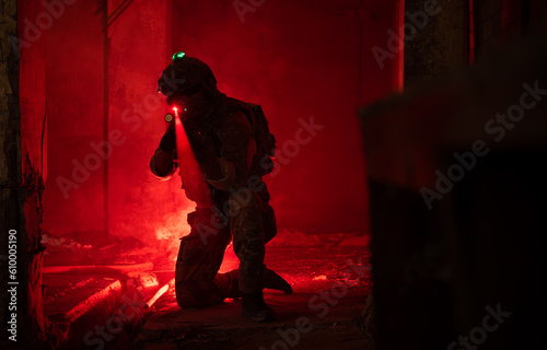 Soldier in anti-terrorist warfare in a dark building, Anti-terrorist operation training on the battlefield