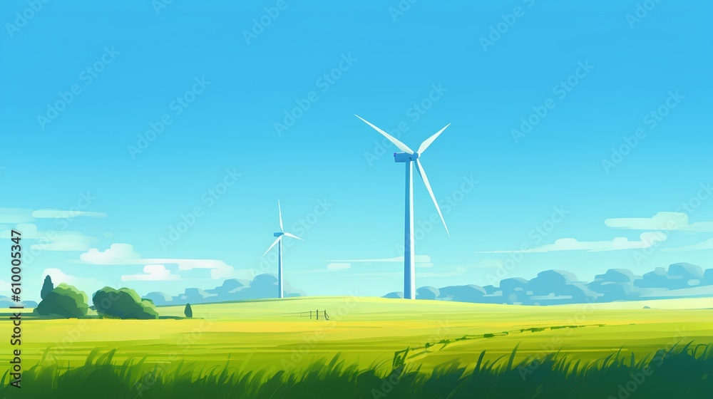 Fototapeta premium Wind turbine majestically standing in the green fields under a clear blue sky, exemplifying the harnessing of renewable energy resources in harmony with the natural environment. Generative AI