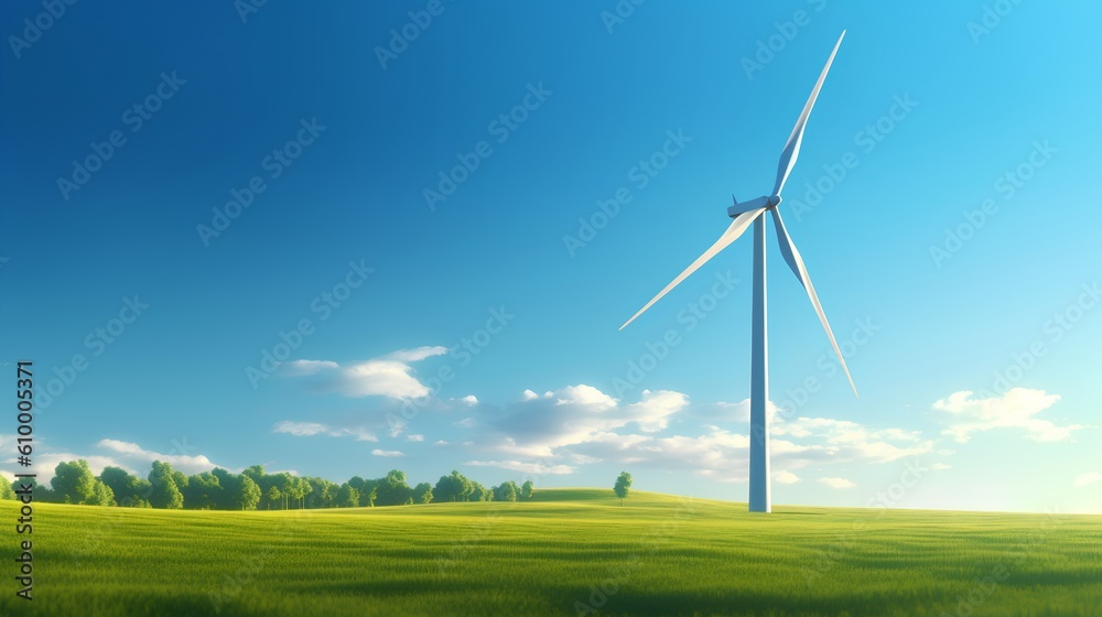 Wind turbine majestically standing in the green fields under a clear blue sky, exemplifying the harnessing of renewable energy resources in harmony with the natural environment. Generative AI