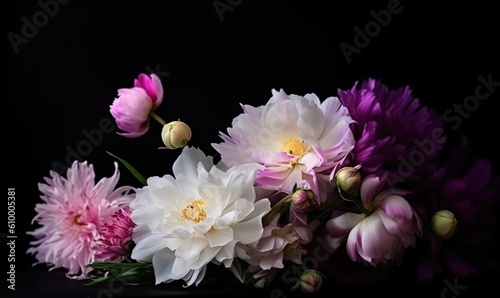 a bunch of flowers that are sitting in a vase on a black surface with a black background in the middle of the picture is a pink and white flower. generative ai