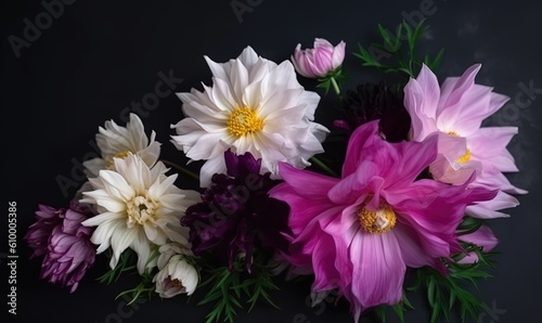 Wallpaper Mural  a bunch of flowers that are sitting on a black tablecloth with green leaves and purple flowers in the middle of the picture, on a dark background.  generative ai Torontodigital.ca