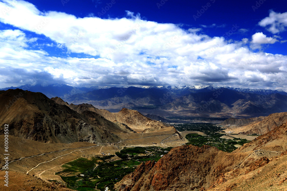 Aerial of green valley, Ladakh, Jammu and Kashmir, India